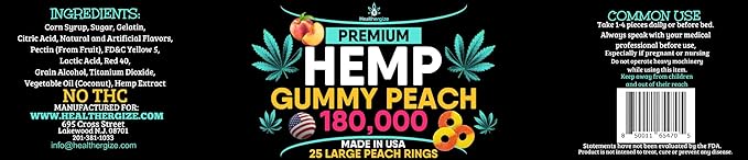 Hemp Gummies-Premium Peach Rings-Fresh and Full Flavor-Natural Hemp Oil Gummy-Great for Back, Neck, Knees, Muscles, Joints, Calm, Relax, Discomfort-Made in USA