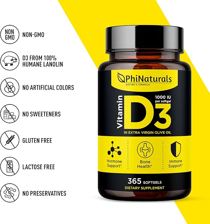 PhiNaturals Vitamin D3 1000iu Softgels Supplement Olive Oil Base 365 Gel Caps One Year Supply of VIT D, Vitamina D 3 1000 iu