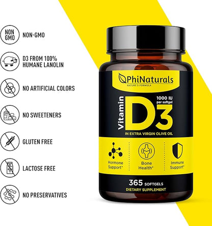 PhiNaturals Vitamin D3 1000iu Softgels Supplement Olive Oil Base 365 Gel Caps One Year Supply of VIT D, Vitamina D 3 1000 iu