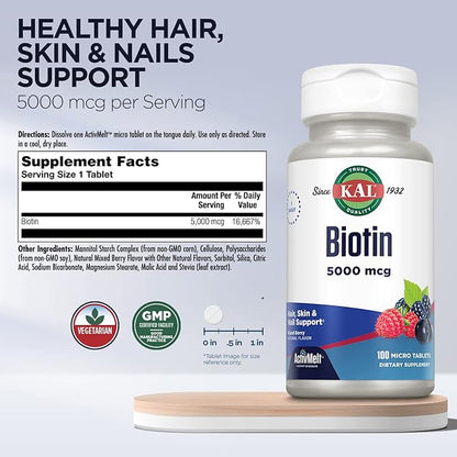 KAL 5000 Mcg Biotin Tablets, Mixed Berry, 100 Count