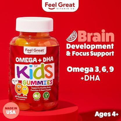 Feel Great Vitamins Kids DHA Gummies with Omega 3 6 9, Vitamin C | Supports Healthy Brain Function, Vision & Heart Health | Gluten Free, Vegetarian | 60 Gummies