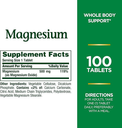 Nature's Bounty Magnesium, Mineral Supplement, Supports Bone and Muscle Health, 500 mg, Coated Tablets, 100 Count (Pack of 2)