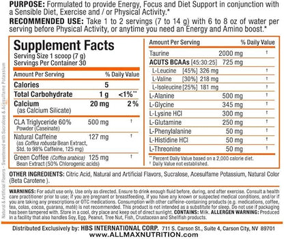 ALLMAX A:CUTS Amino-Charged Energy Drink, Arctic Orange - 210 g - with Caffeine, Green Coffee Extract, L-Carnitine & 2000 mg of Taurine - Sugar & Gluten Free - 30 Servings
