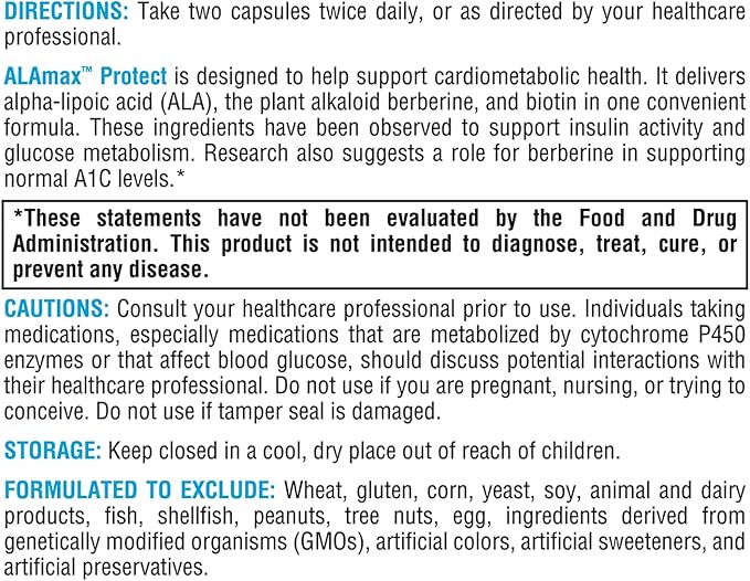 XYMOGEN ALAmax Protect - Berberine and ALA Supplement Complex - Alpha-Lipoic Acid with Berberine HCI + Biotin to Help Support Cardiometabolic Health (120 Capsules)