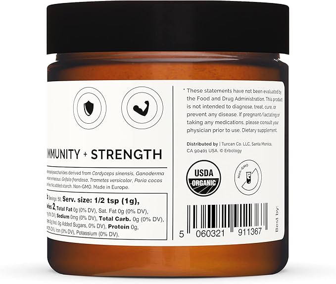 Erbology Organic Immunity Mushroom Complex 50 Servings - High in Beta-glucans - Reishi, Cordyceps, Lion's Mane, Turkey Tail - Sustainably Grown in Europe - Vegan - Non-GMO - No Added Fillers