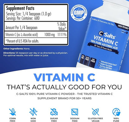 C-Salts Pure Ascorbic Acid Powder - High Dose 100% Pure Vitamin C Powder Supplement for Immune Support - Sugar-Free Powdered Drink with Soluble Fine Crystals, Organic, Corn-Free Non-GMO 24oz