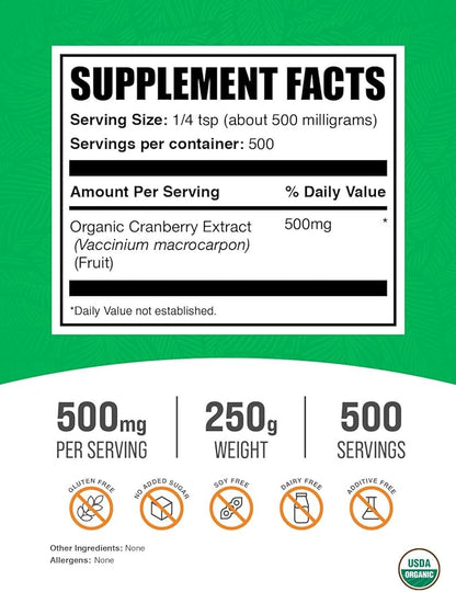 BulkSupplements.com Organic Cranberry Extract Powder - Cranberry Supplements for Women & Men, Cranberry Extract 500mg - Vegan & Gluten Free, 500mg per Serving, 250g (8.8 oz) (Pack of 1)