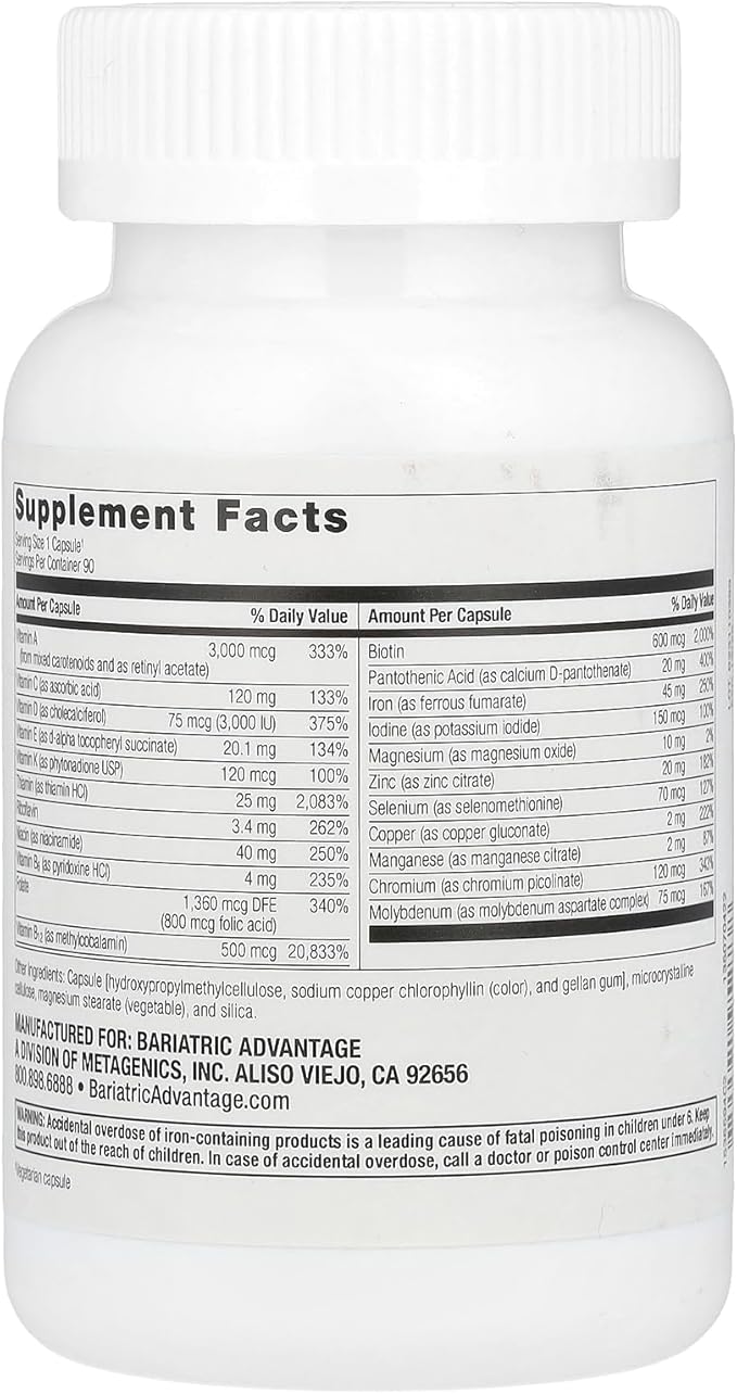 Bariatric Advantage Ultra Solo with Iron Daily Multivitamin for Gastric Bypass Surgery and Sleeve Gastrectomy Patients, Includes Vitamin B12, C, D, K, Thiamin and Copper - 90 Count