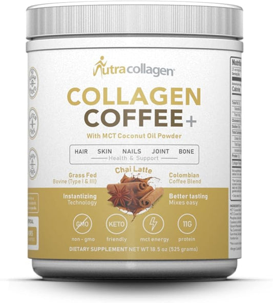 Protein Powder Combined with Premium Columbian Coffee; Grass-Fed, Non GMO, 12g Peptides, MCT Coconut Oil Powder, Soy Free, Gluten Free, Sugar Free, 40mg Caff/Srving; Chai Latte 25 Srvg