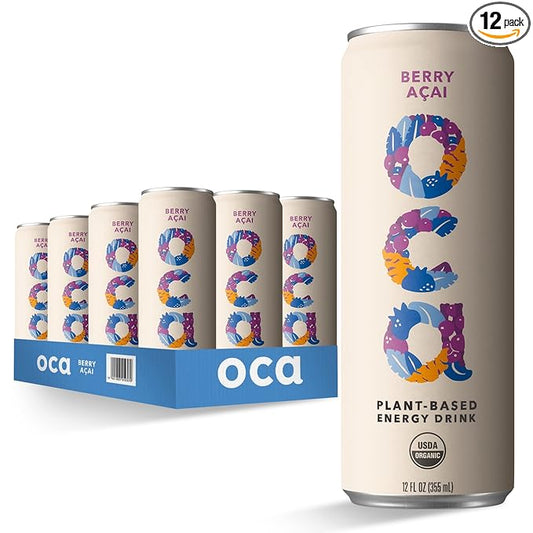 OCA | Organic, Vegan, Plant-Based Energy Drink - Berry Açai Flavor - 60 Calories per Can - 12-Pack - This energy drink is: organic, vegan, naturally sweetened, gluten free