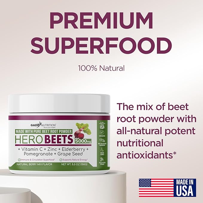 Gade Nutriition Hero Beets - Organic Beet Root Powder - Non-GMO Superfood Supplement - with Elderberry, Pomegranate, Grape Seed - Natural Berry Flavor, 30 Servings