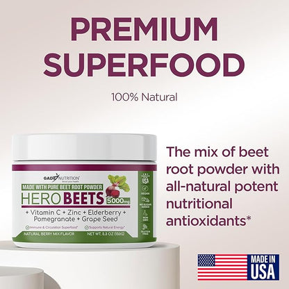 Gade Nutriition Hero Beets - Organic Beet Root Powder - Non-GMO Superfood Supplement - with Elderberry, Pomegranate, Grape Seed - Natural Berry Flavor, 30 Servings