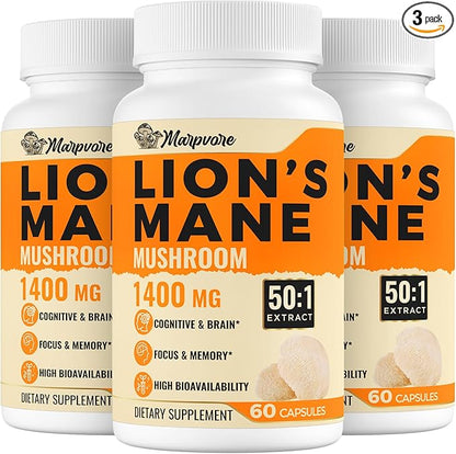 70,000mg Lions Mane Supplement Capsules - 50X Strength Potency Lions Mane Supplement Extract, 50% Polysaccharides & Beta - 180 Caps