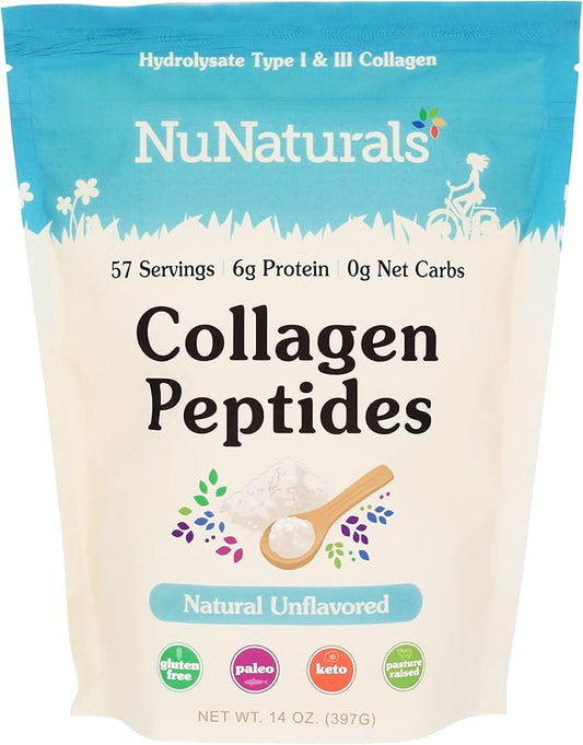 NuNaturals Collagen Peptides Powder (Type I, III), for Skin, Hair, Nail, and Joint Health, 14 oz