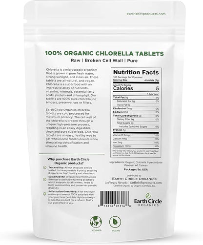 Organic Chlorella Tablets | Kosher | Potent Supplement, All-Natural Chlorophyll, Green Algae superfood, Broken Cell Wall | High in Protein & Iron, no additives, Vegan - 400 Tablets