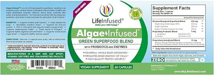 Life Infused Algae Infused - Premium Green Superfood Blend, Spirulina, Chlorella, Probiotics & Enzyme for More Energy, Digestion, Detox & Immune Support: 60 Caps