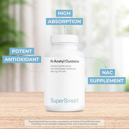 SuperSmart - N-Acetyl Cysteine 1800mg per Day (High Absorption) - NAC Supplement - High Potency Antioxidants Amino Acids - Glutathione Precursor | Non-GMO & Gluten Free - 100 Vegetarian Capsules