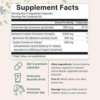 Micro Ingredients Berberine with Ceylon Cinnamon and Chromium 3,000mg Complex, 240 Veggie Capsules | High Potency Berberine HCl Root + Cinnamon Bark Extract | Heart Support & Immune Health Supplement