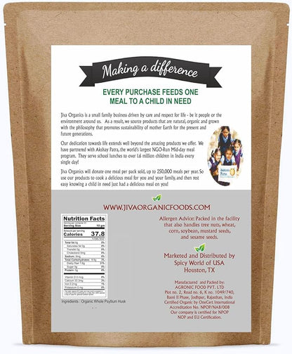 Jiva Organics Whole Psyllium Husk (Isabgol) 1.75 LB (28 Oz) Jumbo Bag - Non-GMO, Unflavored - Keto Friendly, Soluble Fiber