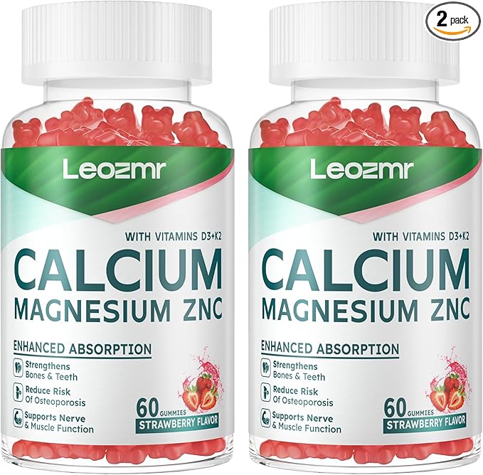 Calcium Magnesium Zinc Gummies with Vitamin D3 & K2 - High Potency Enhanced Absorption -120 Strawberry Gummies Flavored