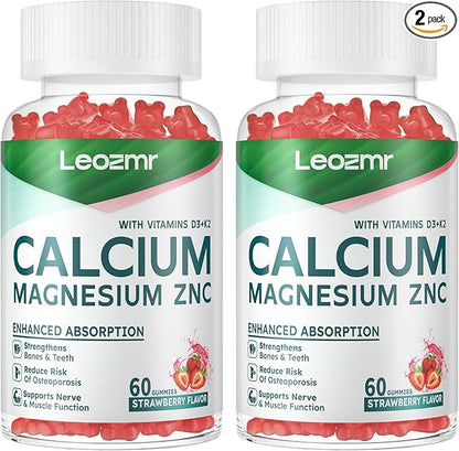 Calcium Magnesium Zinc Gummies with Vitamin D3 & K2 - High Potency Enhanced Absorption -120 Strawberry Gummies Flavored
