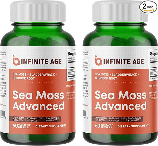 INFINITE AGE 2 Pack of 1250mg Sea Moss Advanced Superfood Capsules, 120 Count - High-Potency, Vegan, Made in The USA - Irish Seamoss, Bladderwrack, Burdock Root - Overall Health, Immunity Support