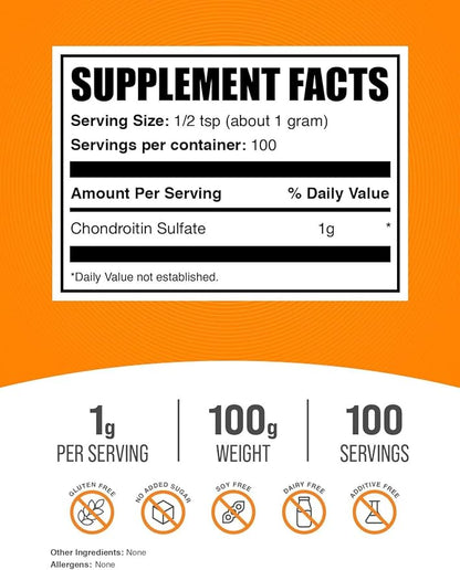 BulkSupplements.com Chondroitin Sulfate Powder - Chondroitin Sulfate Supplement, for Joint Support - Gluten Free, 1g per Serving, 100g (3.5 oz) (Pack of 1)