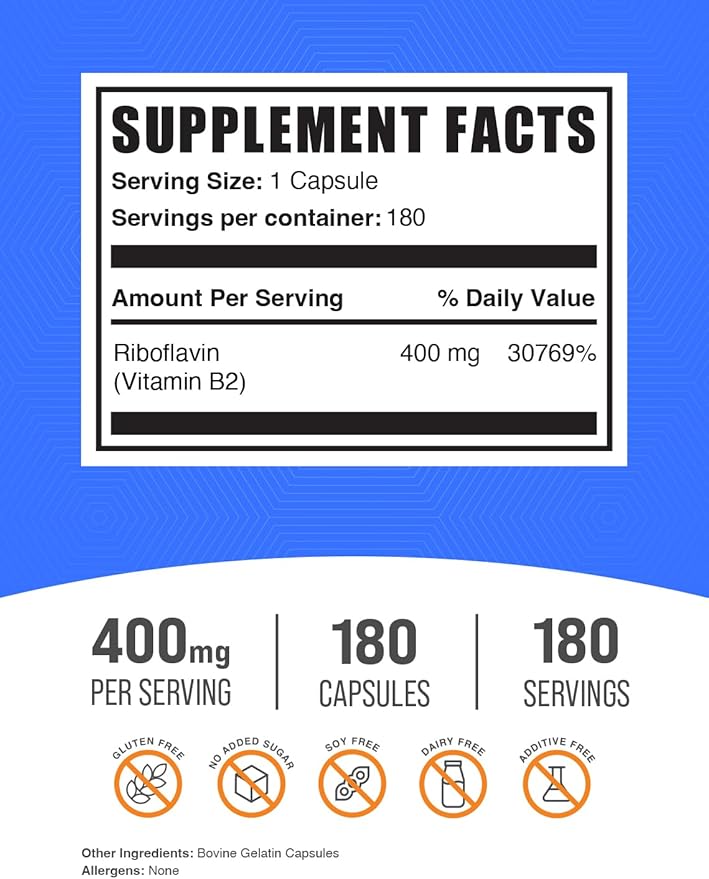 BulkSupplements.com Riboflavin Capsules - Vitamin B2 400 mg, Riboflavin 400mg - Essential B Vitamin, Gluten Free, 1 Capsule per Serving, 180 Capsules (Pack of 1)