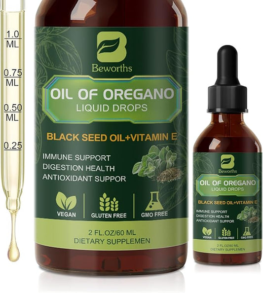 B BEWOTHS Oregano Oil Drops, Oil of Oregano with Black Seed Oil, Vitamin E, Wild Harvest Oil of Oregano Liquid Herbal Blend for Immune, Antioxidant, Digestive Gut Cleanser, Kidney Health Support-Vegan