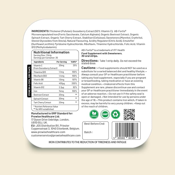 PROSTRIP® Iron+ AB-Fortis® 14mg Added with Vitamin C, B1, B2, B6, Folic Acid, Beetroot, Spinach and Tart Cherry – 30 Oral Vegan Strips – No Water Needed – High Absorption by Prowise Healthcare