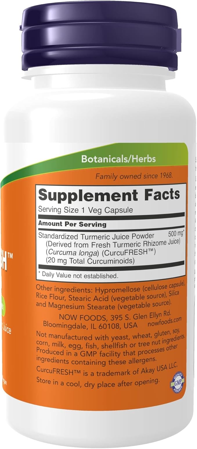 NOW Foods Supplements, CurcuFRESH™ Curcumin, Derived from Fresh Turmeric Juice, Curcumin Juice Complex, 60 Veg Capsules
