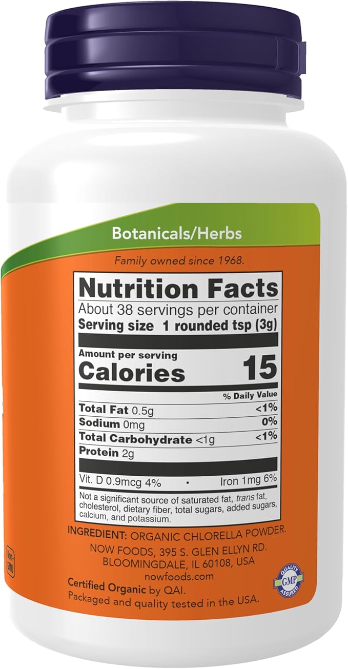 NOW Foods Supplements, Organic Chlorella Powder with naturally occurring Chlorophyll, Beta-Carotene, mixed Carotenoids, Vitamin C, Iron and Protein, 4-Ounce