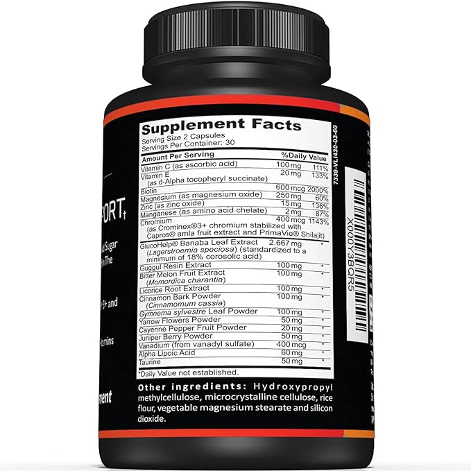 Premium Blood Sugar Support Supplement–Supports Healthy Blood Sugar Levels Already Within Normal Range – Includes Bitter Melon Extract, Vanadium, Chromium, Cinnamon, & Alpha Lipoic Acid-60 Capsules