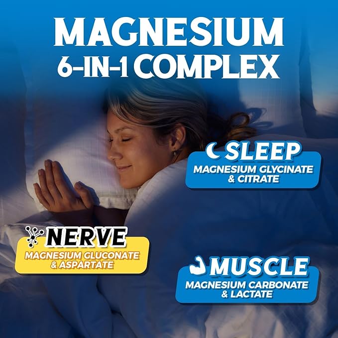 Magnesium Complex Supplement 6 in 1, 1160mg Chelated Magnesium for Max Absorption, Help with Better Sleep, Muscle Relax & Nerve Calm, 120 Vegan Capsules, Non GMO & Gluten Free