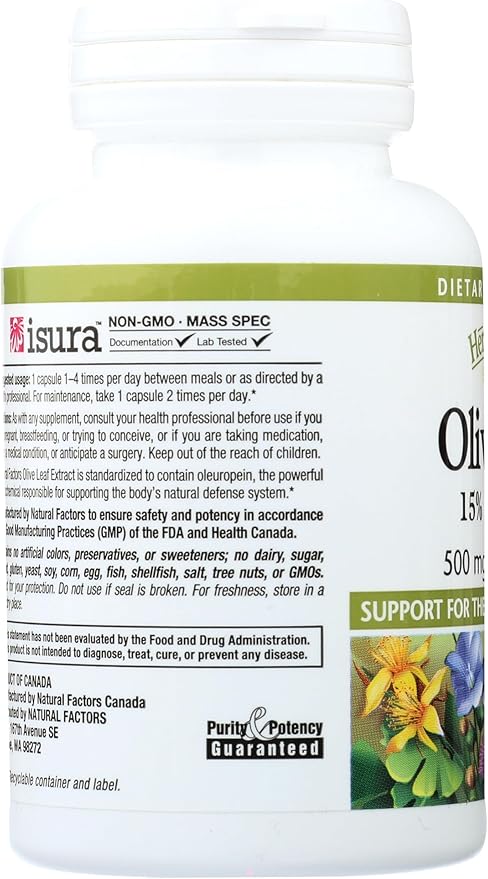 HerbalFactors by Natural Factors, Olive Leaf 500 mg, Natural Wellness Formula, 60 Capsules