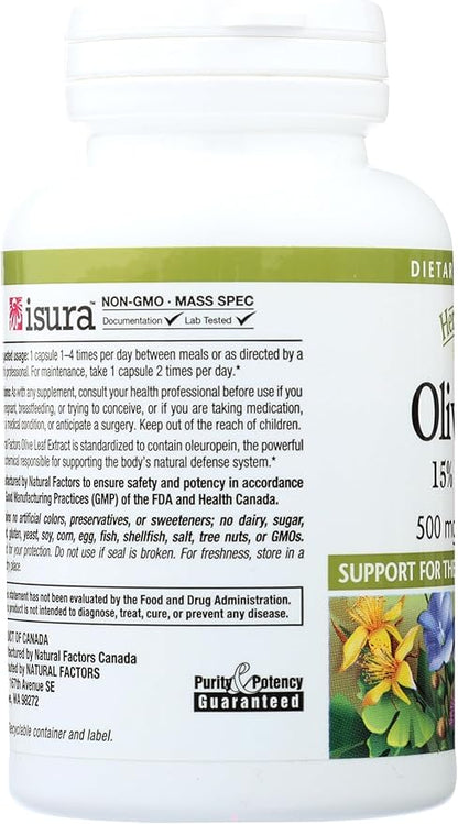 HerbalFactors by Natural Factors, Olive Leaf 500 mg, Natural Wellness Formula, 60 Capsules
