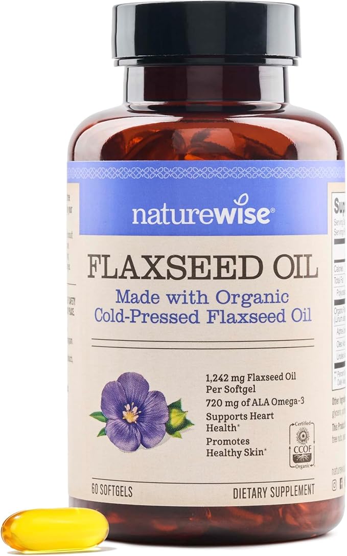 NatureWise Flaxseed Oil 1200 mg, Fish Free Omega 3 6 9 with 720mg ALA, Dietary Supplement for Heart Health Support - Organic, Cold Pressed, Non-GMO - 60 Softgels[2-Month Supply]