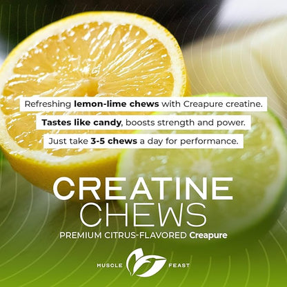 Muscle Feast Vegan Creatine Monohydrate, Gluten-Free Creapure Chews, Lemon Lime, 120 Tabs