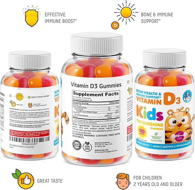 DR. MORITZ Vitamin D Gummies for Kids and Adults (2000 IU) - Chewable Kids Vitamin D Supplement for Immune Support - Vegetarian and Gelatin-Free (180 Count)