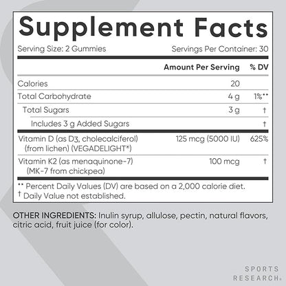 Sports Research® Vegan Vitamin D3 + K2 Gummies - 5000iu Vitamin D w/100mcg Mk7 Vitamin K for Bone & Immune Support - Vegan Certified · Non-GMO · Sugar Free - 60 Count Gummy