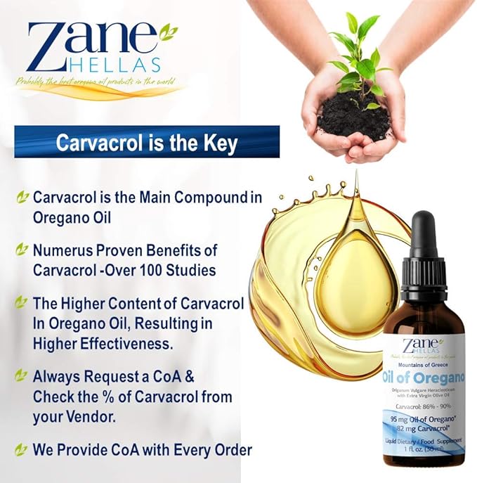 Zane Hellas 50% Oregano Oil. Greek Essential Oil of Oregano .86% Min Carvacrol. 82mg Carvacrol Per Serving. Probably The Best Oregano Oil in The World. 1 fl. oz.- 30ml