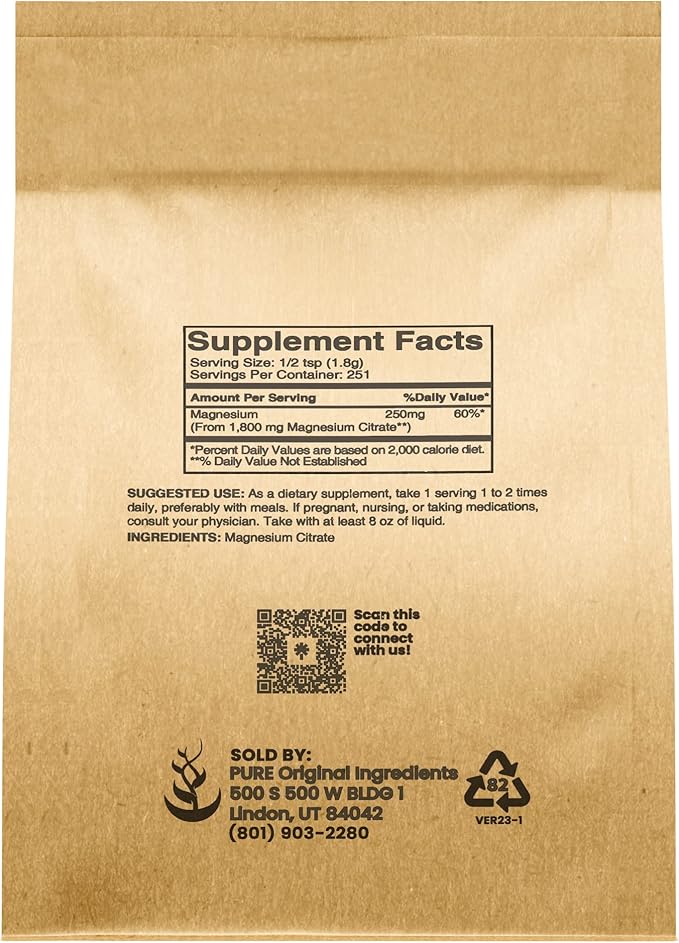 Pure Original Ingredients Magnesium Citrate (1lb) Magnesium Supplement, Unflavored, Dissolves Easily
