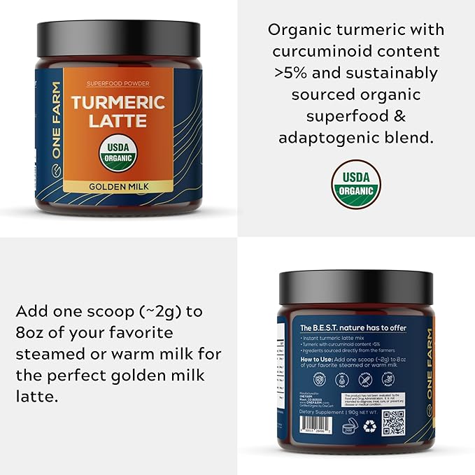 Turmeric Latte Powder - USDA Organic >5% Curcuminoid Turmeric, Lions Mane, Ashwagandha, Ginger, Cinnamon in a Resealable Glass Jar, 45 Servings - Perfect for Making Golden Milk
