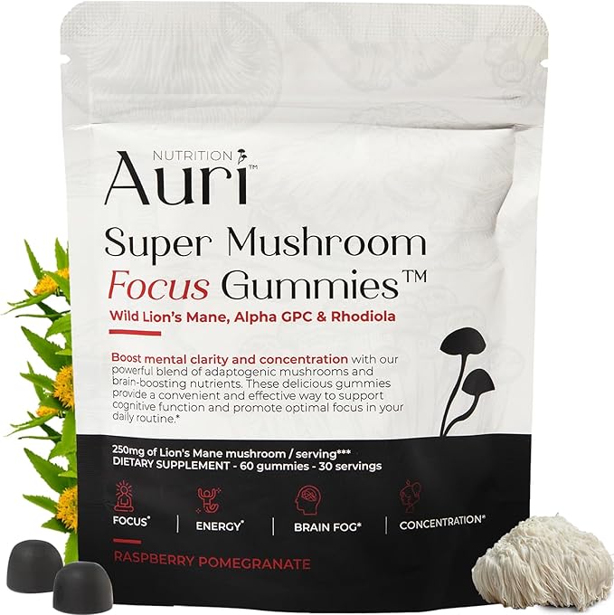 Auri Super Mushroom Focus Gummies - w/Lion's Mane, Alpha GPC & Rhodiola - Mushrooom Supplement to Support Cognitive Function, Mental Clarity, Focus & Energy | 60 Gummies, Vegan Friendly, Non GMOs