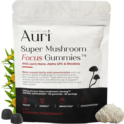 Auri Super Mushroom Focus Gummies - w/Lion's Mane, Alpha GPC & Rhodiola - Mushrooom Supplement to Support Cognitive Function, Mental Clarity, Focus & Energy | 60 Gummies, Vegan Friendly, Non GMOs