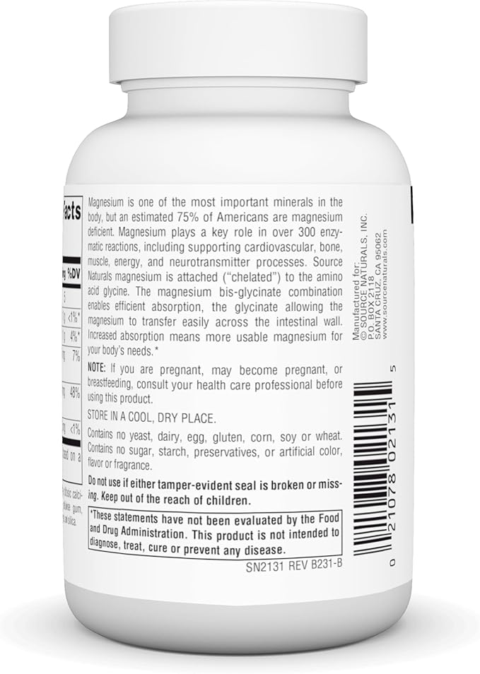 Source Naturals Magnesium Bis-Glycinate, Superior Bioavailable Chelate* - 60 Tablets
