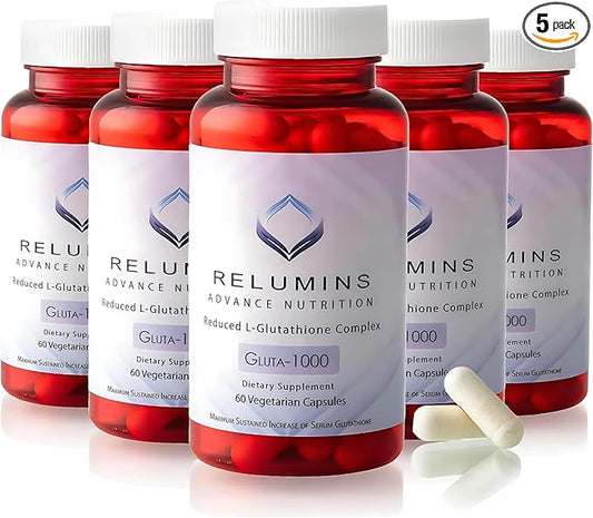 Relumins L Glutathione Supplement Complex - Reduced Glutathione 1000mg with Alpha Lipoic Acid & Rose HIPS Capsules for Nourished & Smoother Skin, 60 Caps x 5 Bottles