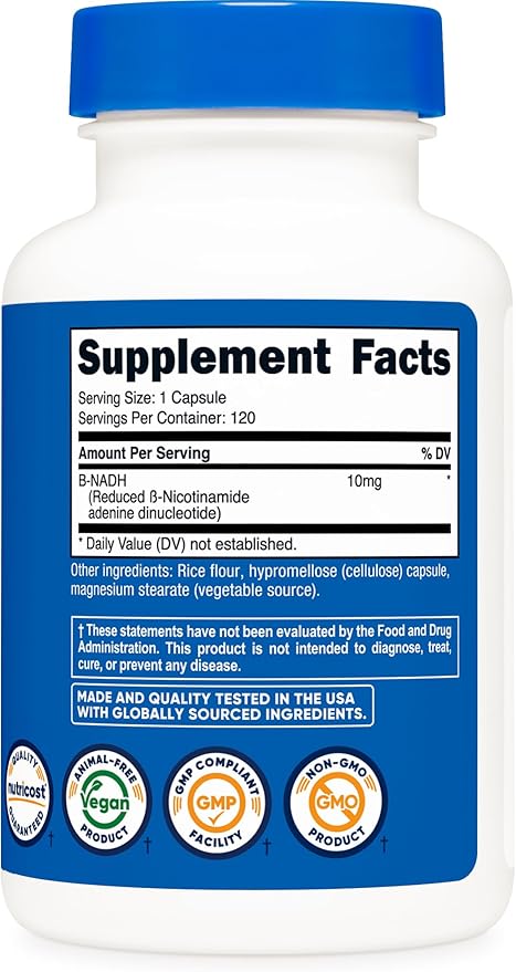 Nutricost NADH 10mg Per Serving 120 Capsules - B-Nicotinamide Adenine Dinucleotide, Vegan, Gluten-Free