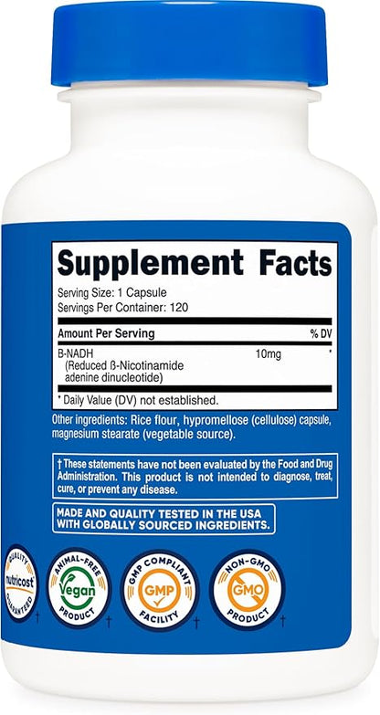 Nutricost NADH 10mg Per Serving 120 Capsules - B-Nicotinamide Adenine Dinucleotide, Vegan, Gluten-Free