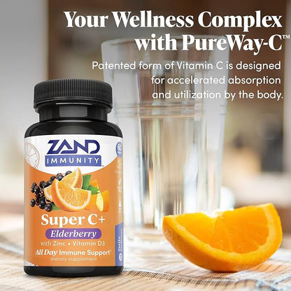 Zand Immunity Super C+ with Elderberry, All Day Immune Support, 1000mg PureWay-C Vitamin C Plus Zinc & Vitamin D-3, Enhanced Absorption, 60 Tablets, 30 Servings